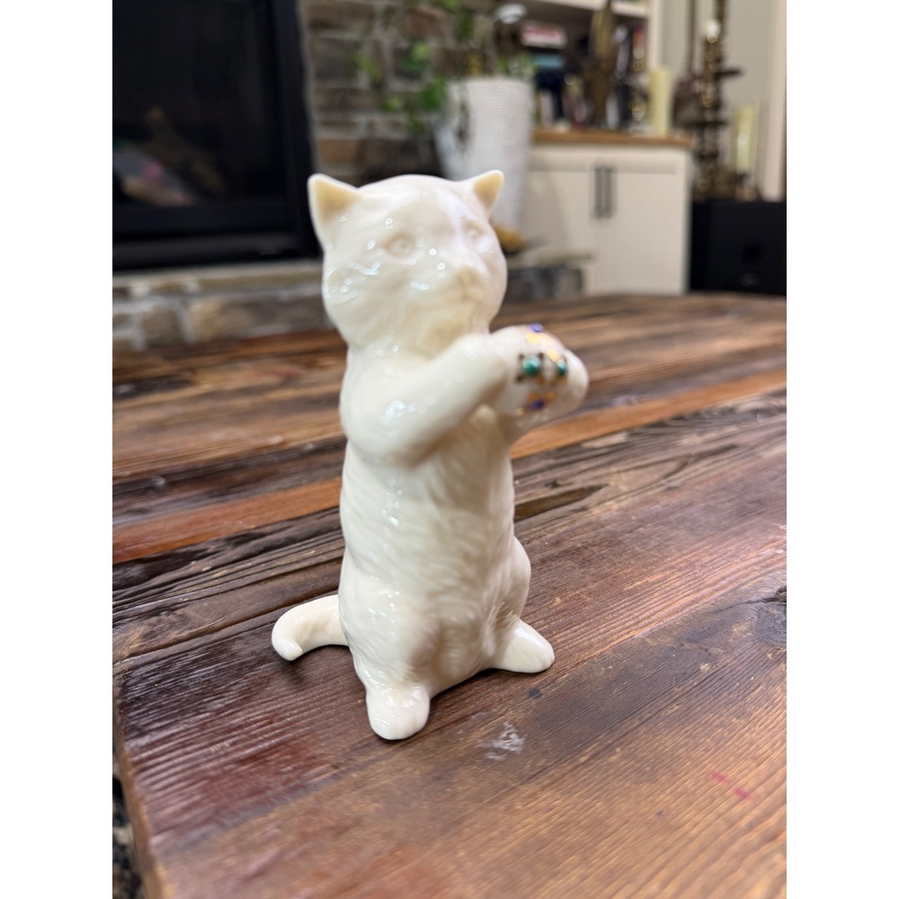 Lenox Laurels Porcelain Cat Figurine Standing with Jeweled Egg Ivory China USA